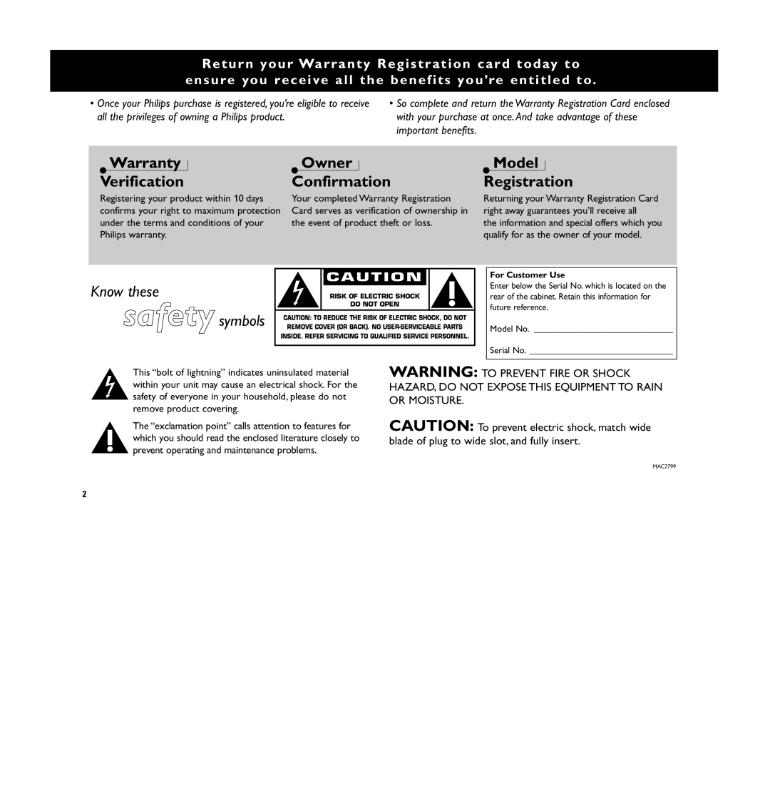 Philips MC 148 manual Warranty Verification, For Customer Use 