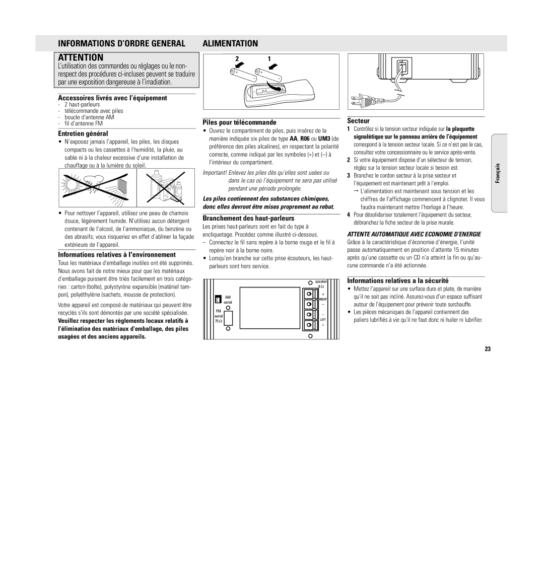 Philips MC 148 manual Alimentation 