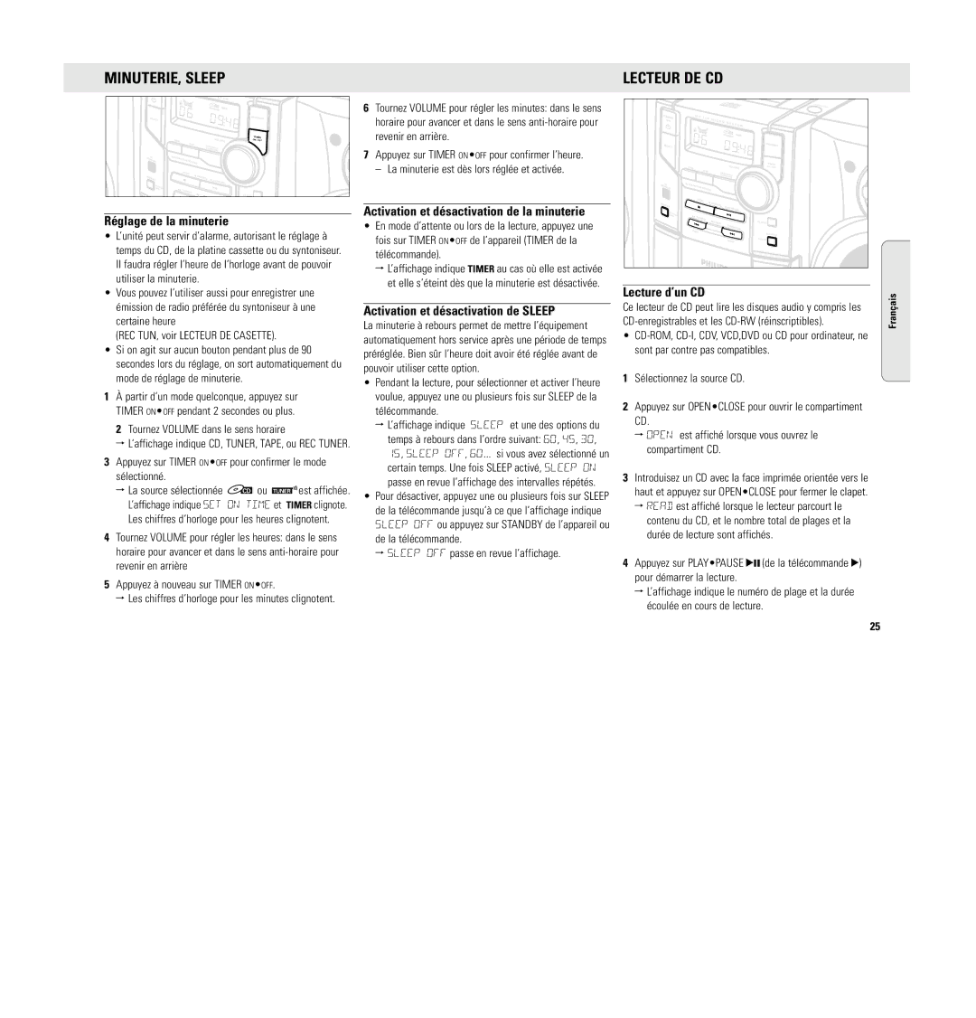 Philips MC 148 manual MINUTERIE, Sleep, Lecteur DE CD 