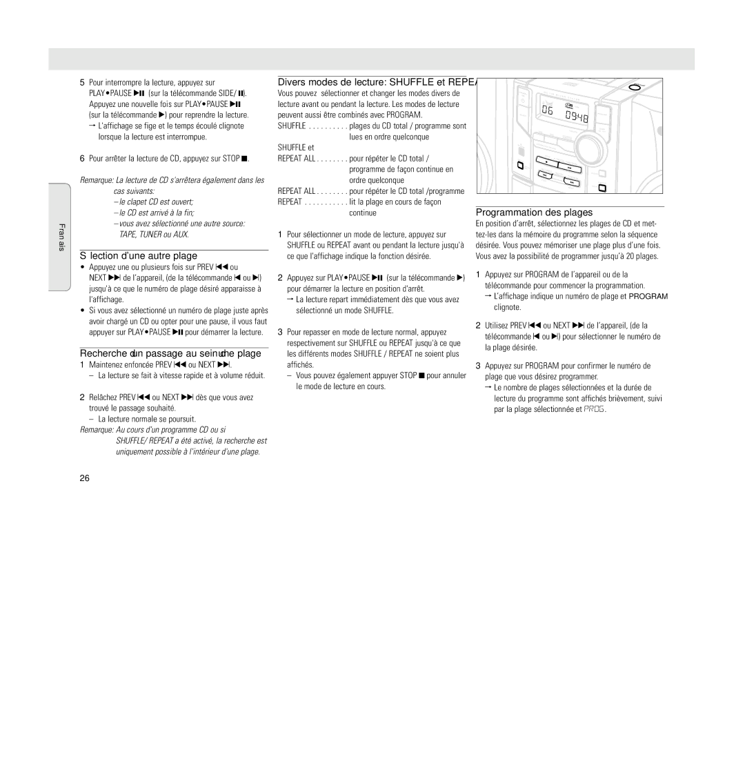 Philips MC 148 manual Divers modes de lecture Shuffle et Repeat, Sélection dune autre plage, Programmation des plages 