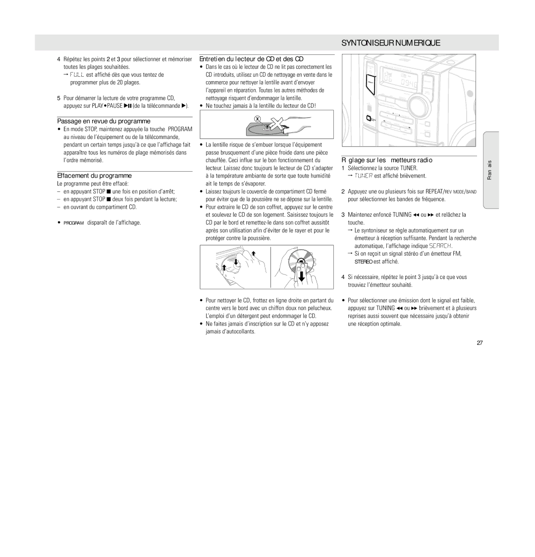 Philips MC 148 manual Syntoniseur Numerique, Entretien du lecteur de CD et des CD, Passage en revue du programme 