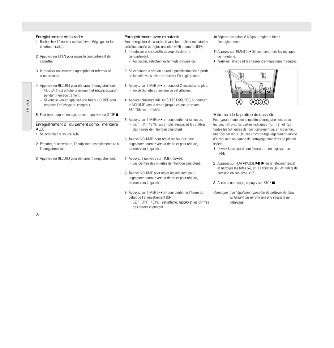 Philips MC 148 manual Enregistrement de la radio, Aux, Enregistrement avec minuterie, Entretien de la platine de cassette 