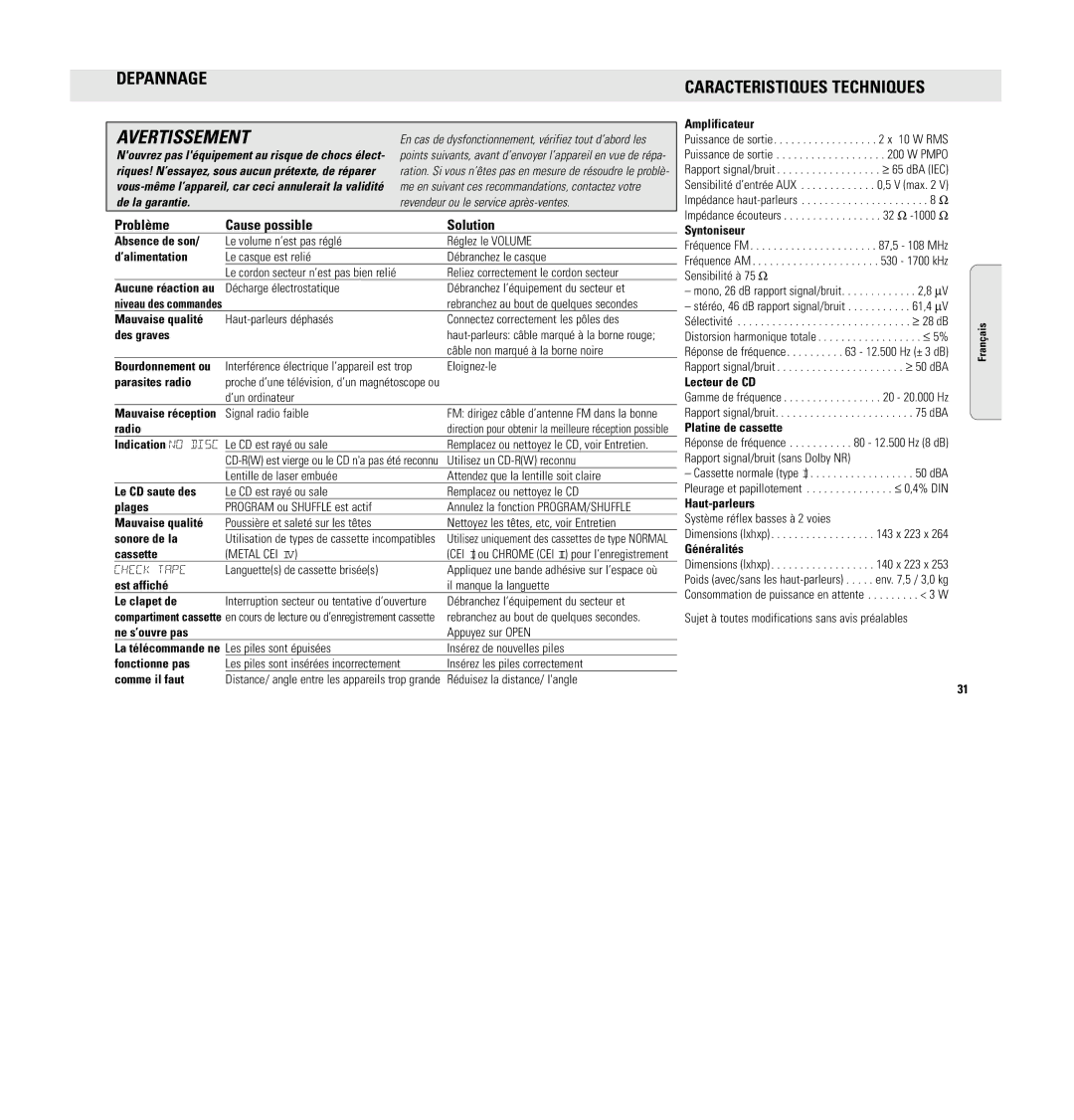 Philips MC 148 manual Depannage, Problème Cause possible Solution 