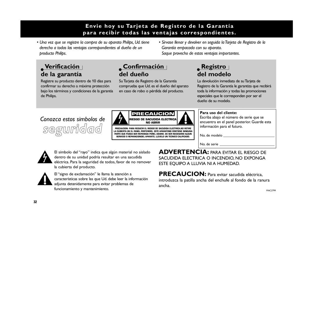Philips MC 148 manual Para uso del cliente, No. de modelo No. de serie 