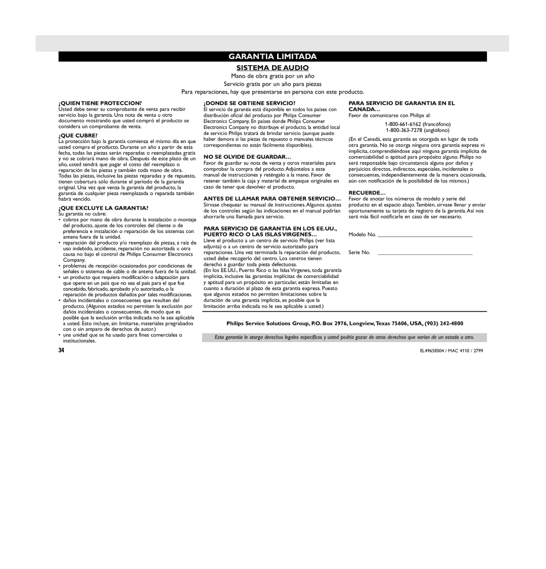 Philips MC 148 manual Sistema DE Audio, ¿QUE Excluye LA GARANTIA? Su garantía no cubre 