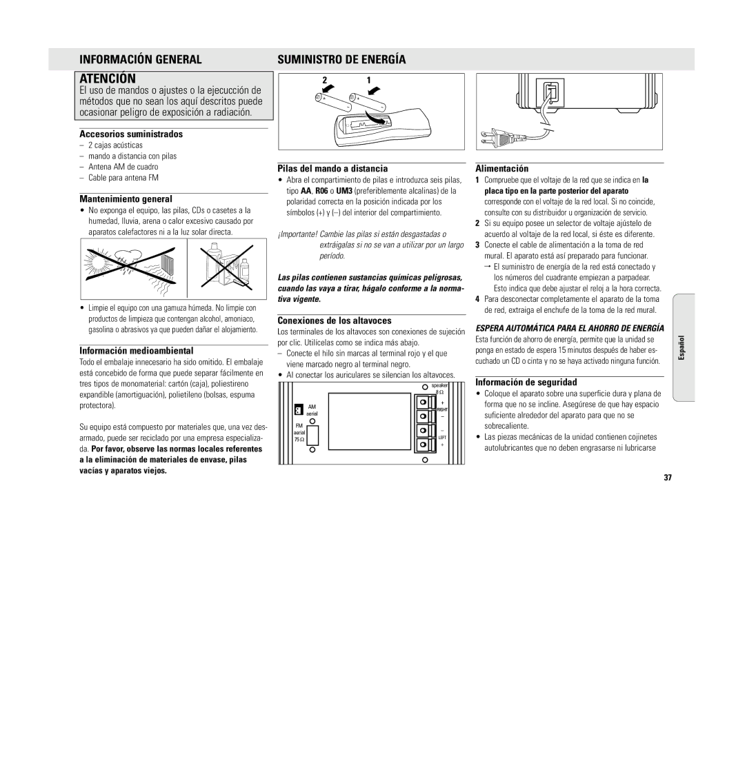 Philips MC 148 manual Información General, Suministro DE Energía 