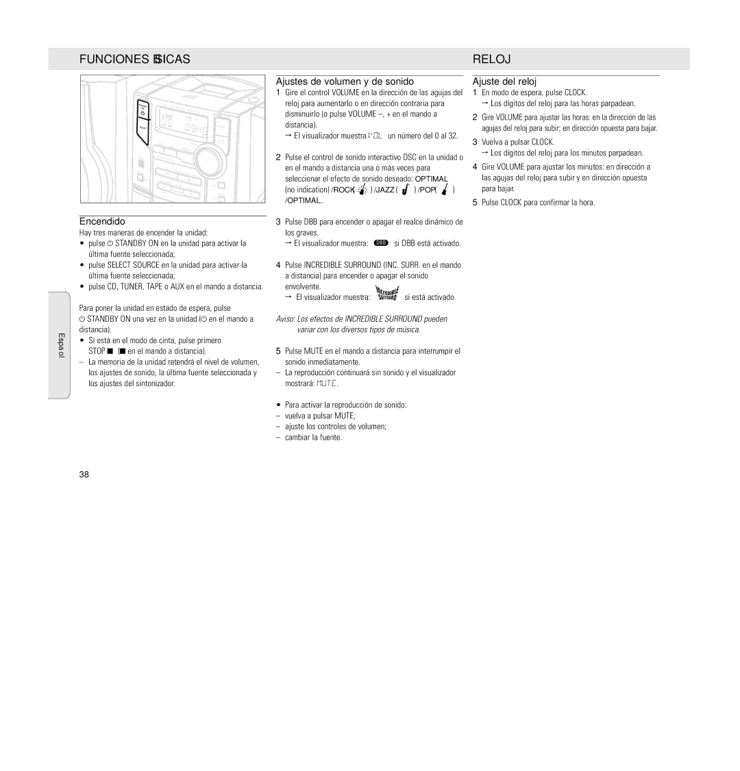 Philips MC 148 manual Funciones Básicas, Reloj, Ajustes de volumen y de sonido, Ajuste del reloj, Encendido 