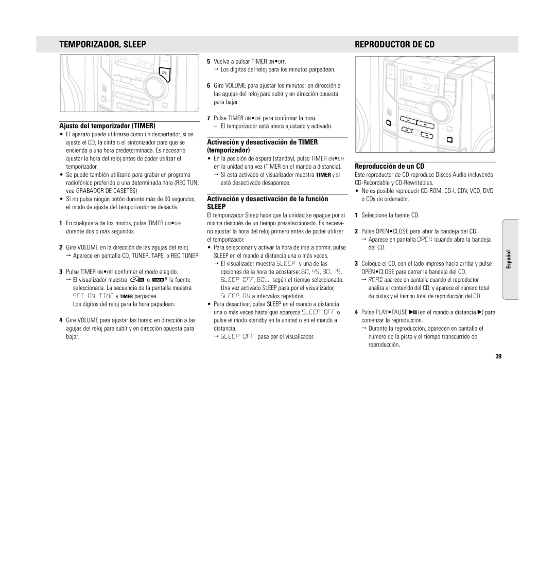 Philips MC 148 manual Reproductor DE CD, Sleep 