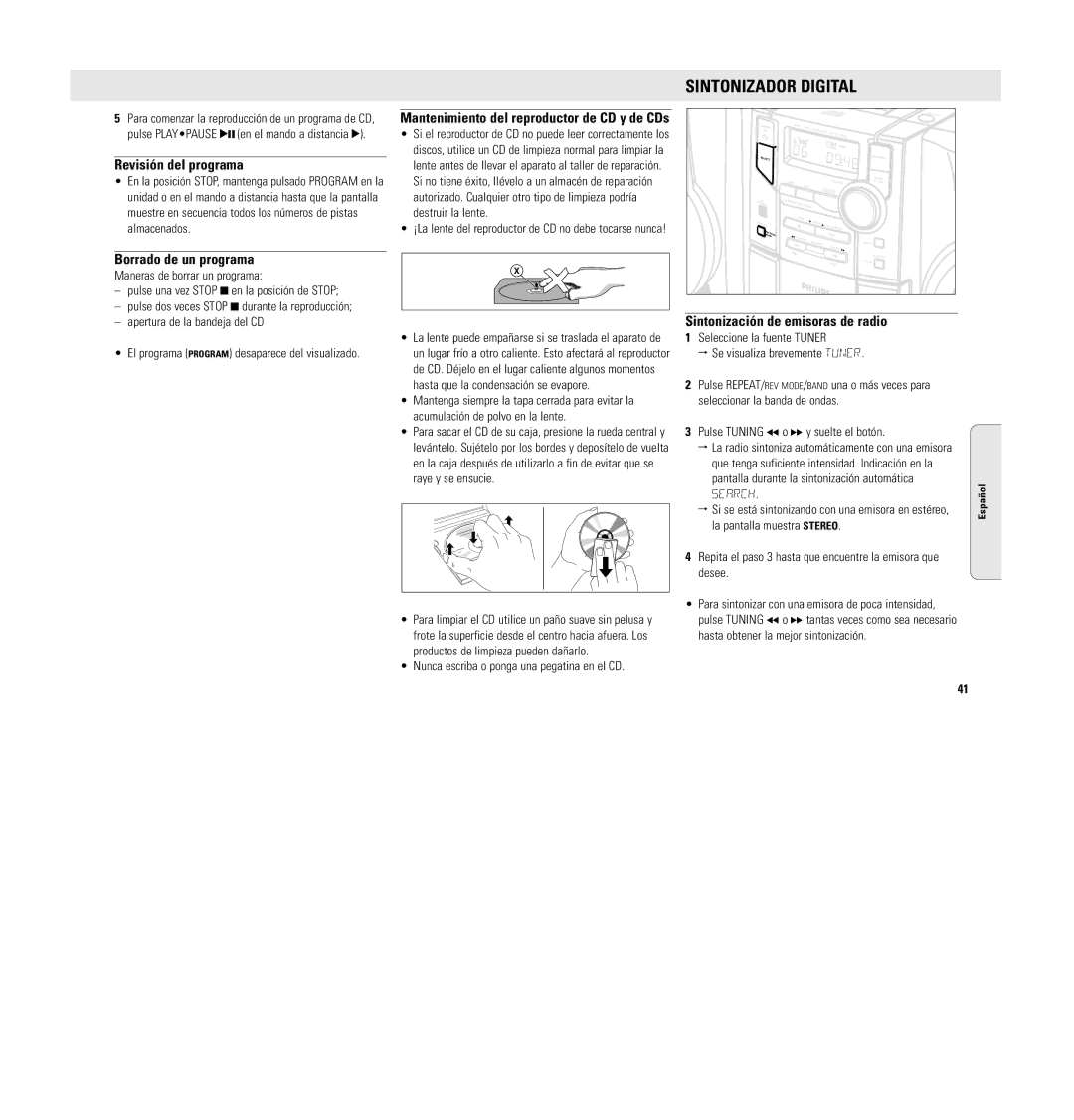 Philips MC 148 manual Sintonizador Digital, Borrado de un programa, Sintonización de emisoras de radio 