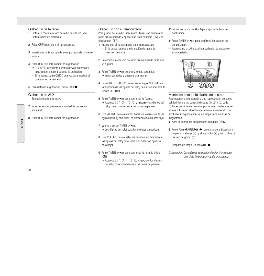 Philips MC 148 manual Grabación de la radio, Grabación de AUX, Grabación con el temporizador 