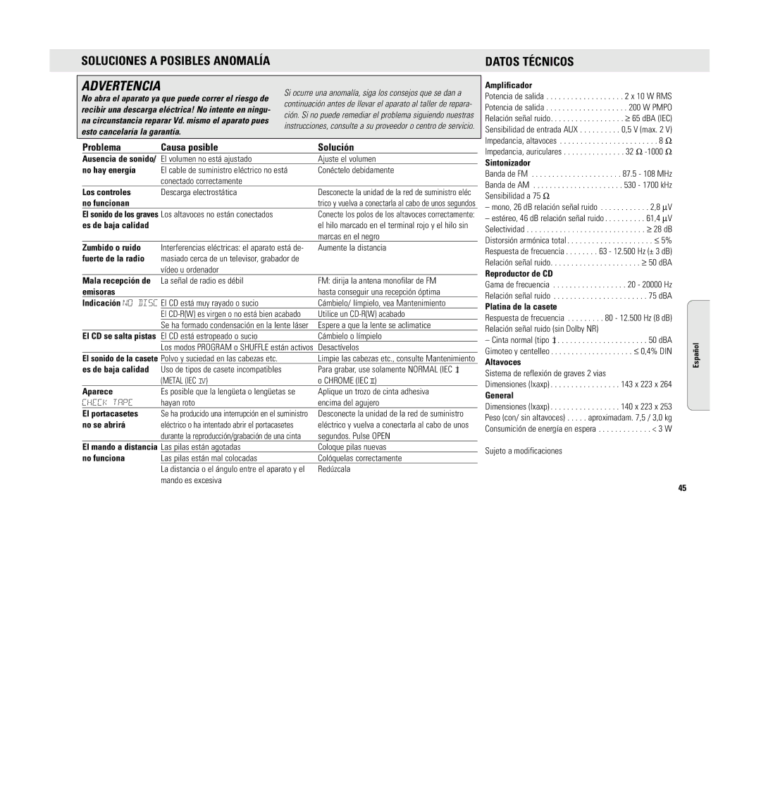 Philips MC 148 manual Soluciones a Posibles Anomalía, Problema Causa posible Solución 