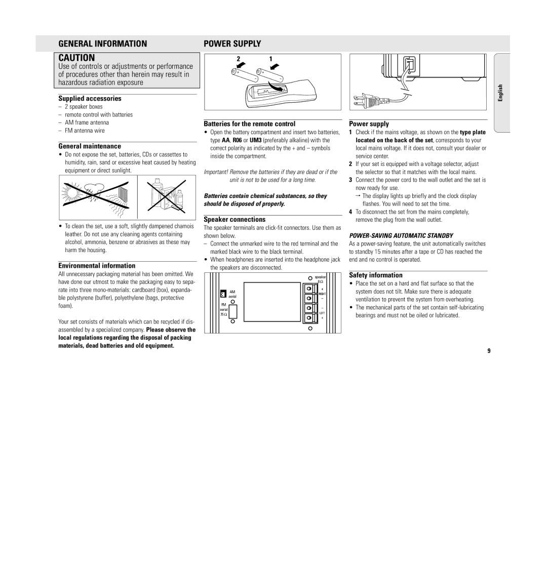 Philips MC 148 manual General Information, Power Supply 