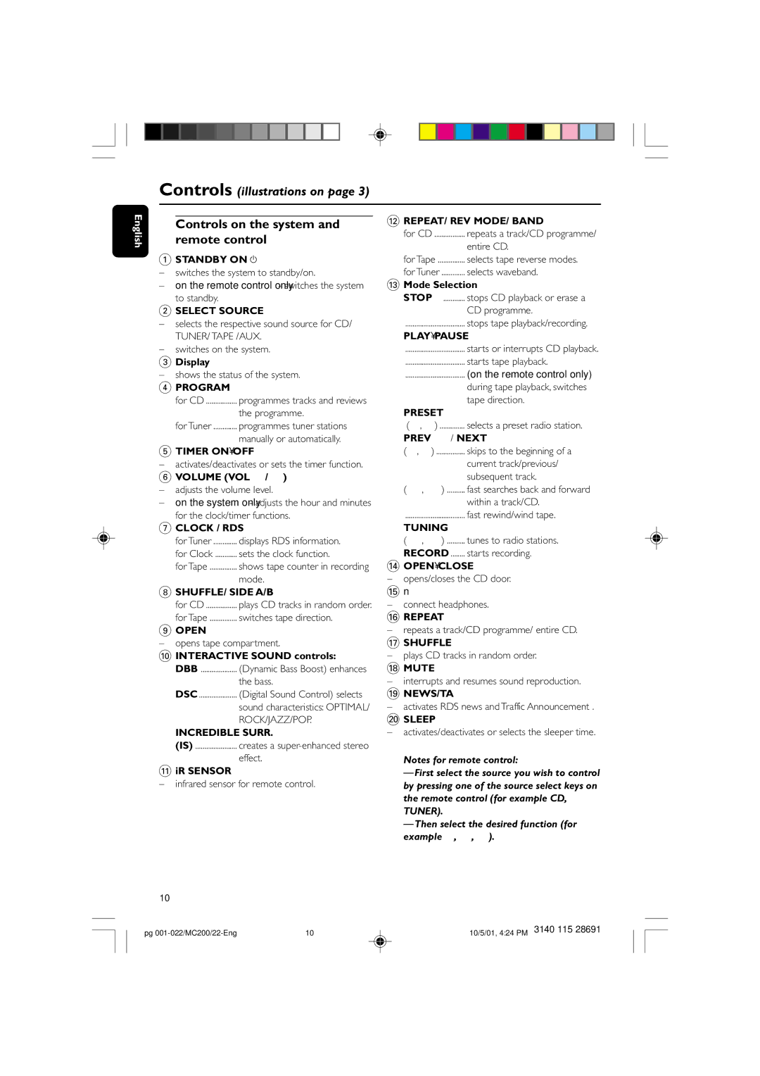 Philips MC-200 manual Controls on the system and remote control 