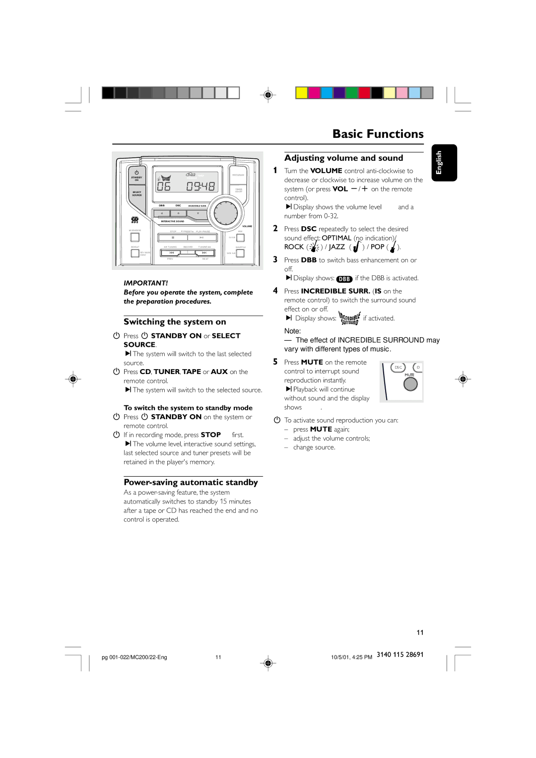 Philips MC-200 manual Basic Functions, Switching the system on, Adjusting volume and sound, Power-saving automatic standby 