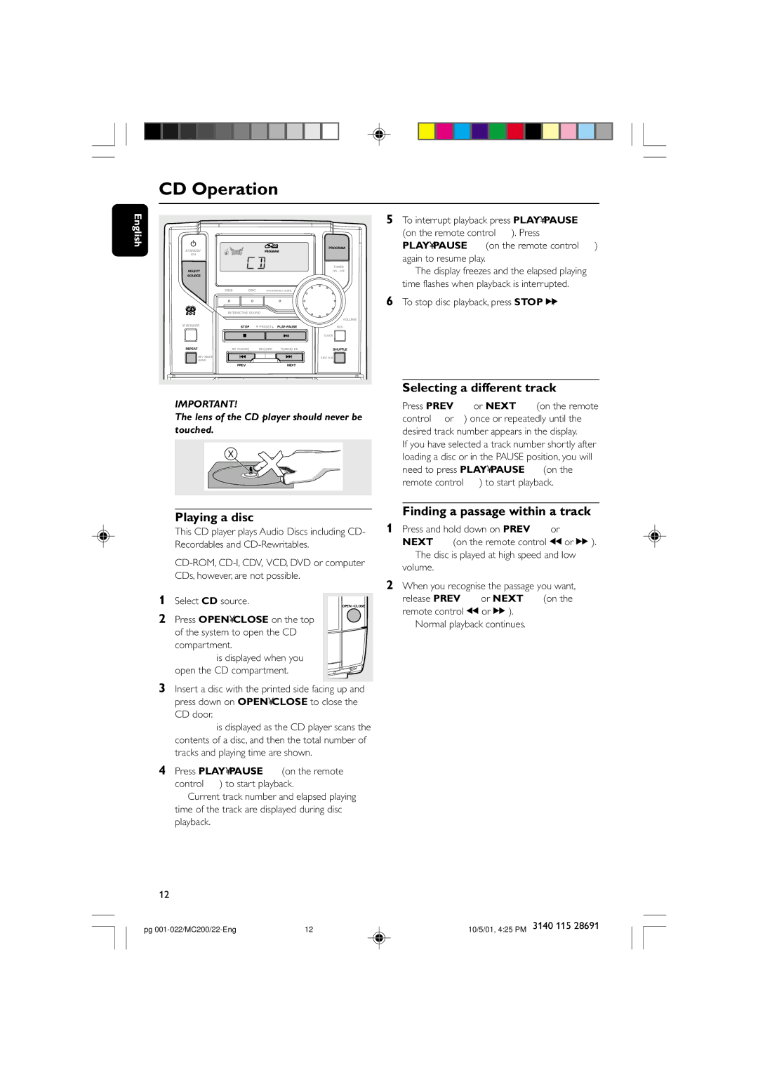 Philips MC-200 manual CD Operation, Selecting a different track, Playing a disc, Finding a passage within a track 