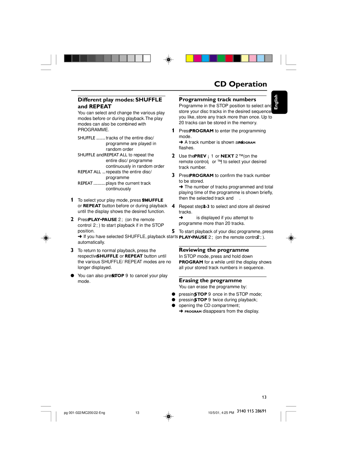 Philips MC-200 manual Different play modes Shuffle and Repeat, Programming track numbers, Reviewing the programme 