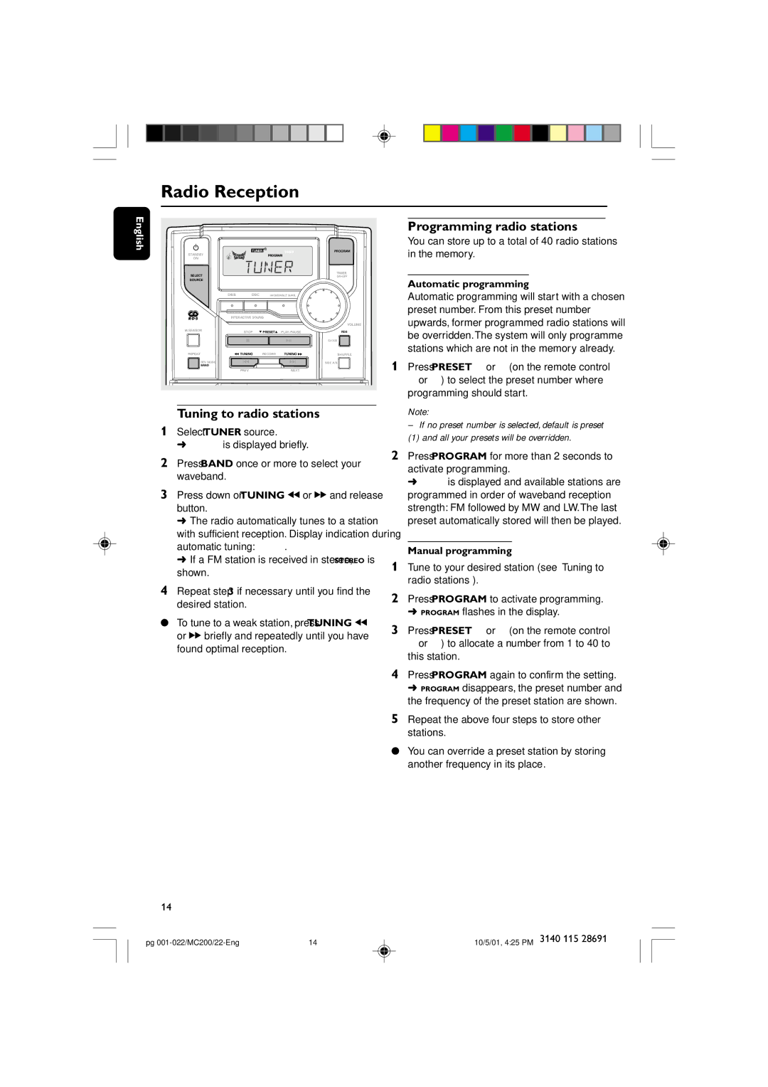 Philips MC-200 manual Radio Reception, Programming radio stations, Tuning to radio stations, Automatic programming 