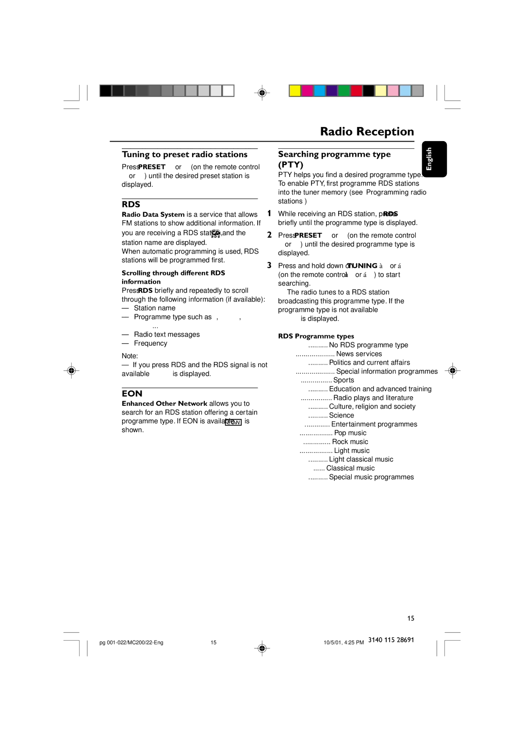 Philips MC-200 Tuning to preset radio stations, Searching programme type PTY, Scrolling through different RDS information 