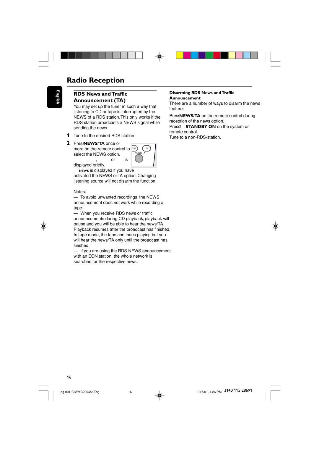 Philips MC-200 manual Announcement TA, Disarming RDS News and Traffic Announcement 