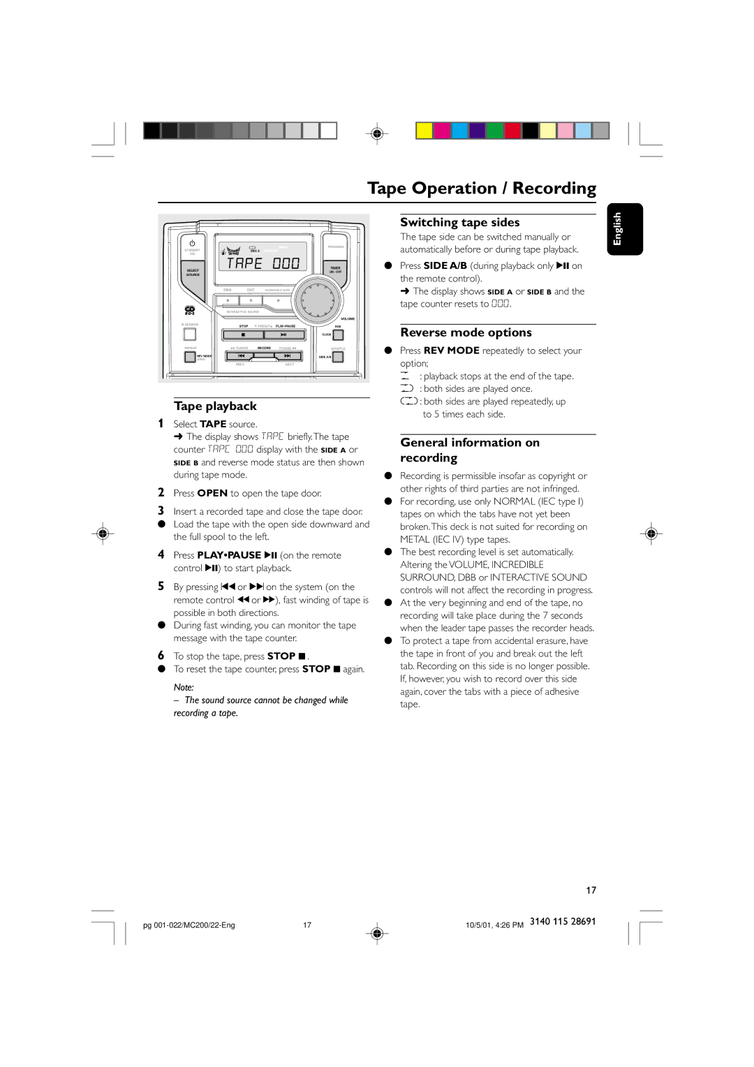 Philips MC-200 manual Tape Operation / Recording, Tape playback, Switching tape sides, Reverse mode options 