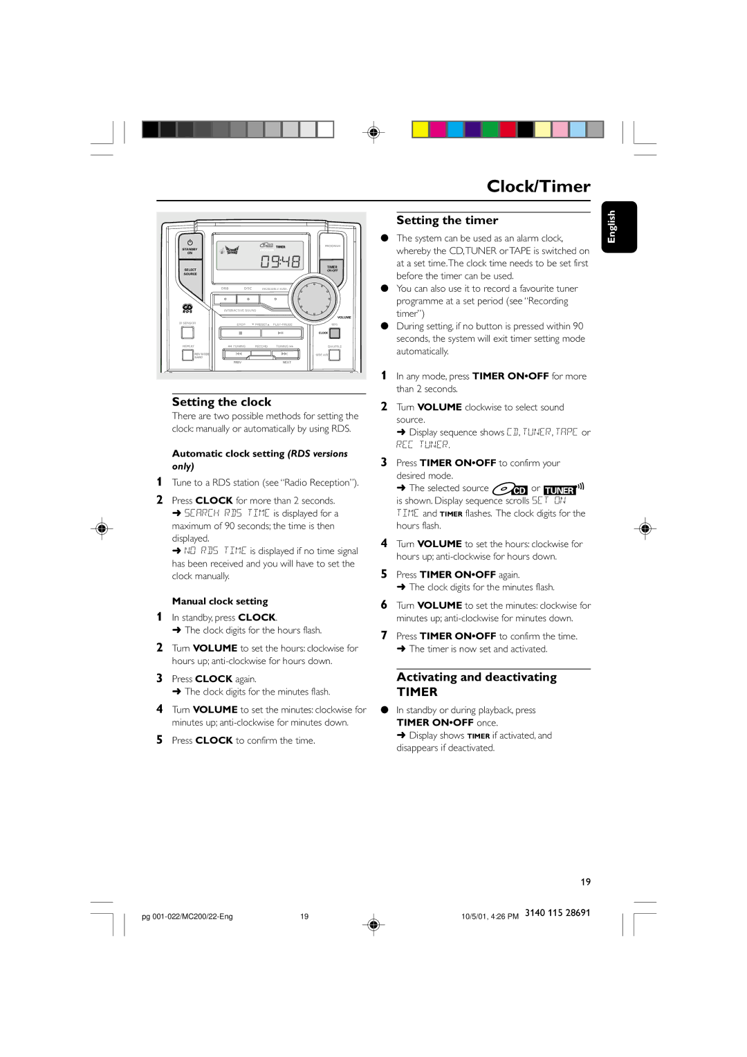 Philips MC-200 manual Clock/Timer, Setting the timer, Setting the clock, Activating and deactivating, Only 