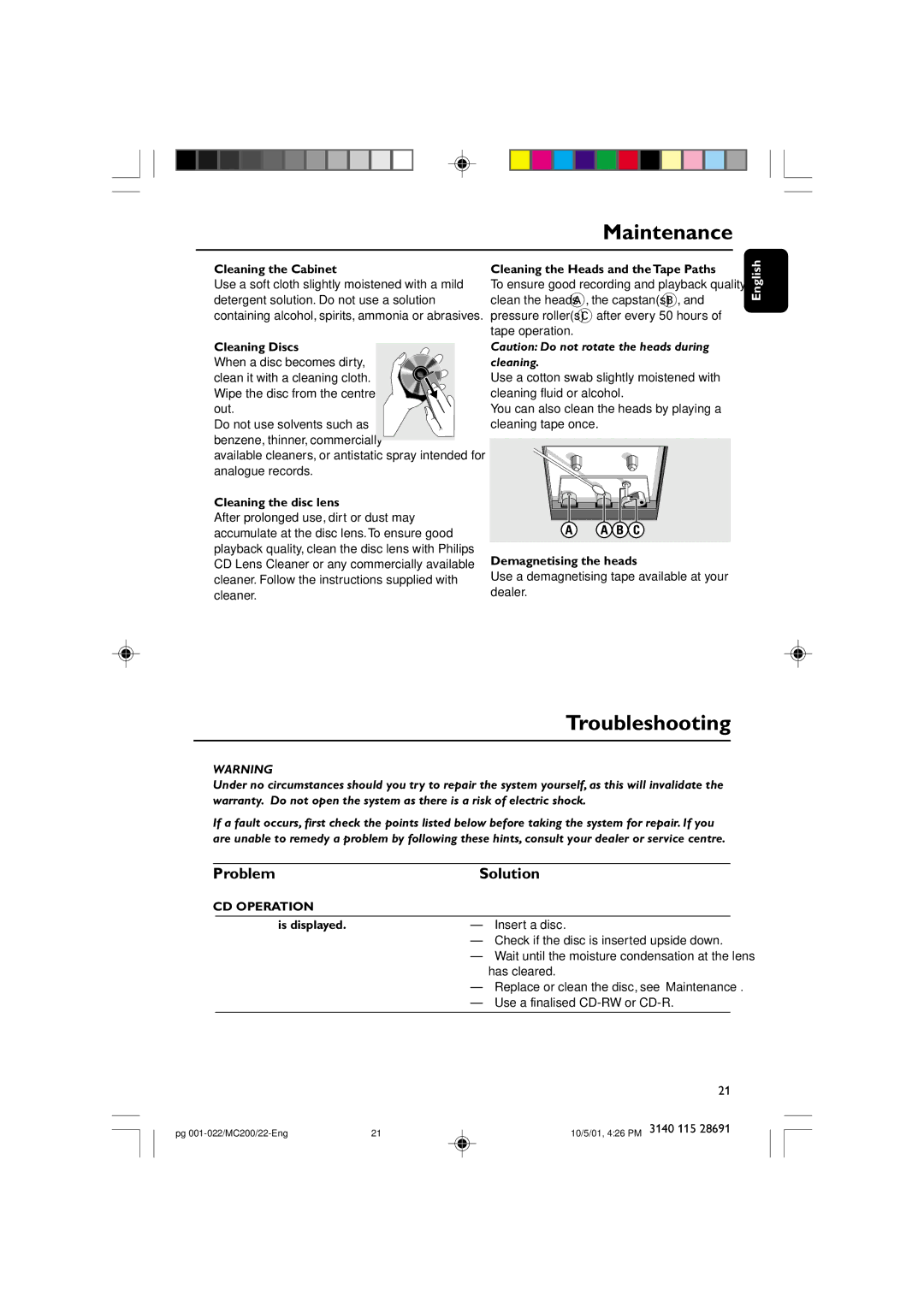 Philips MC-200 manual Maintenance, Troubleshooting, Problem Solution, B C, CD Operation 