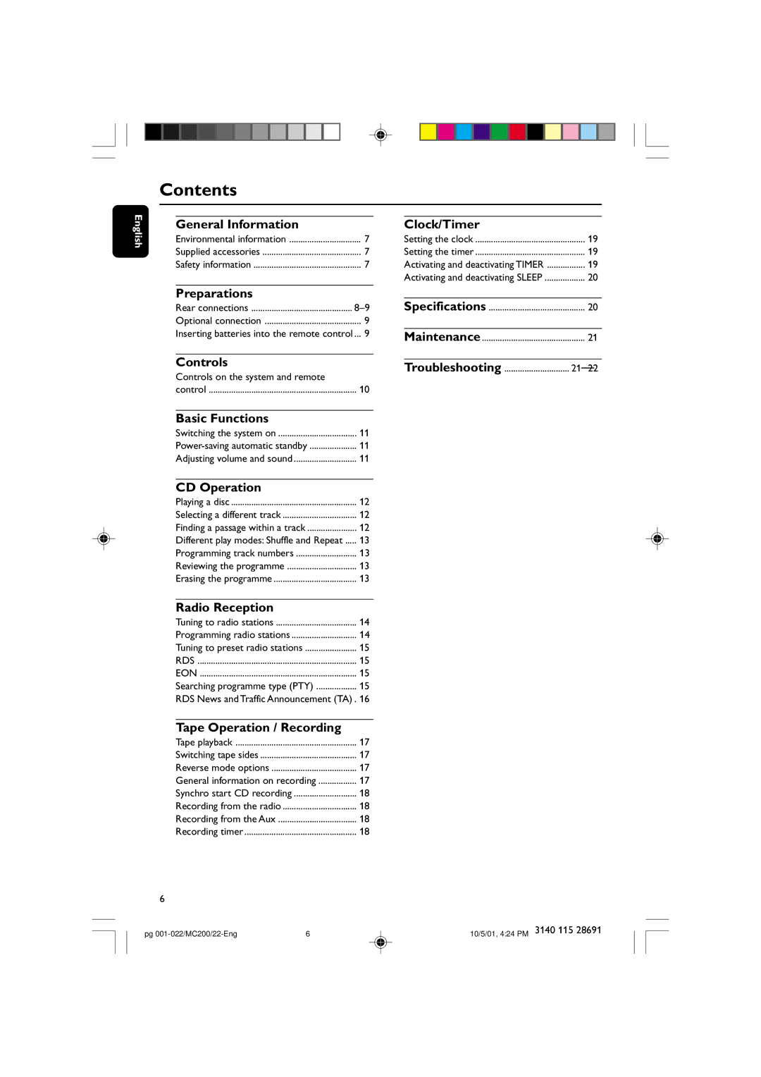 Philips MC-200 manual Contents 