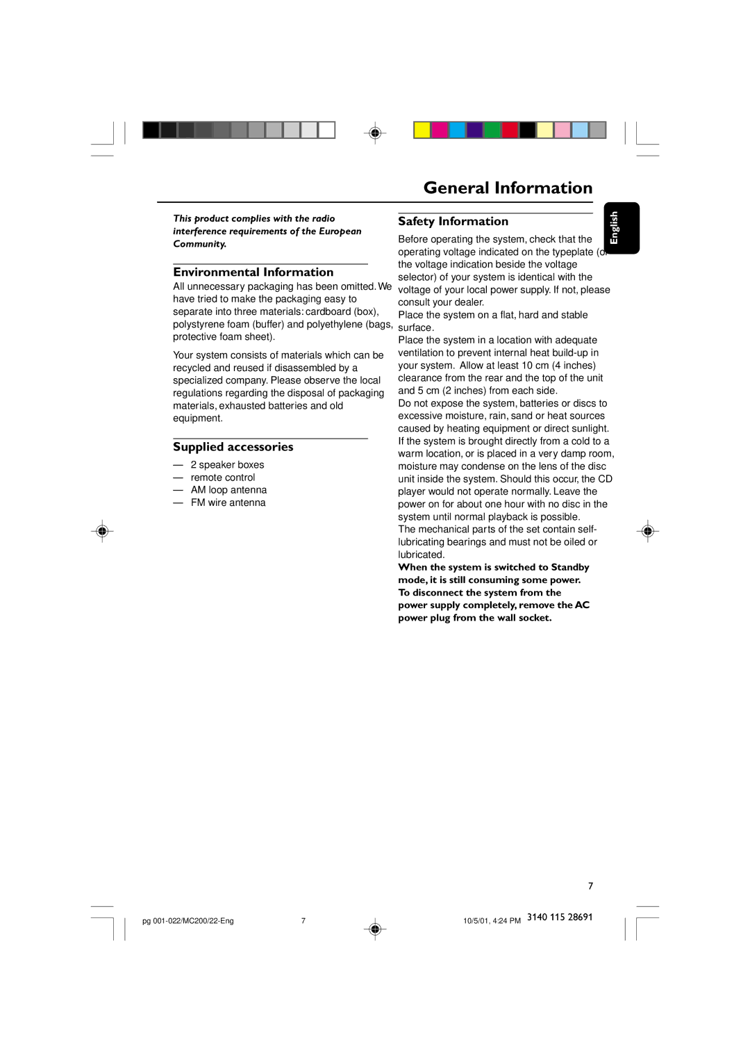 Philips MC-200 manual General Information, Environmental Information, Supplied accessories, Safety Information 