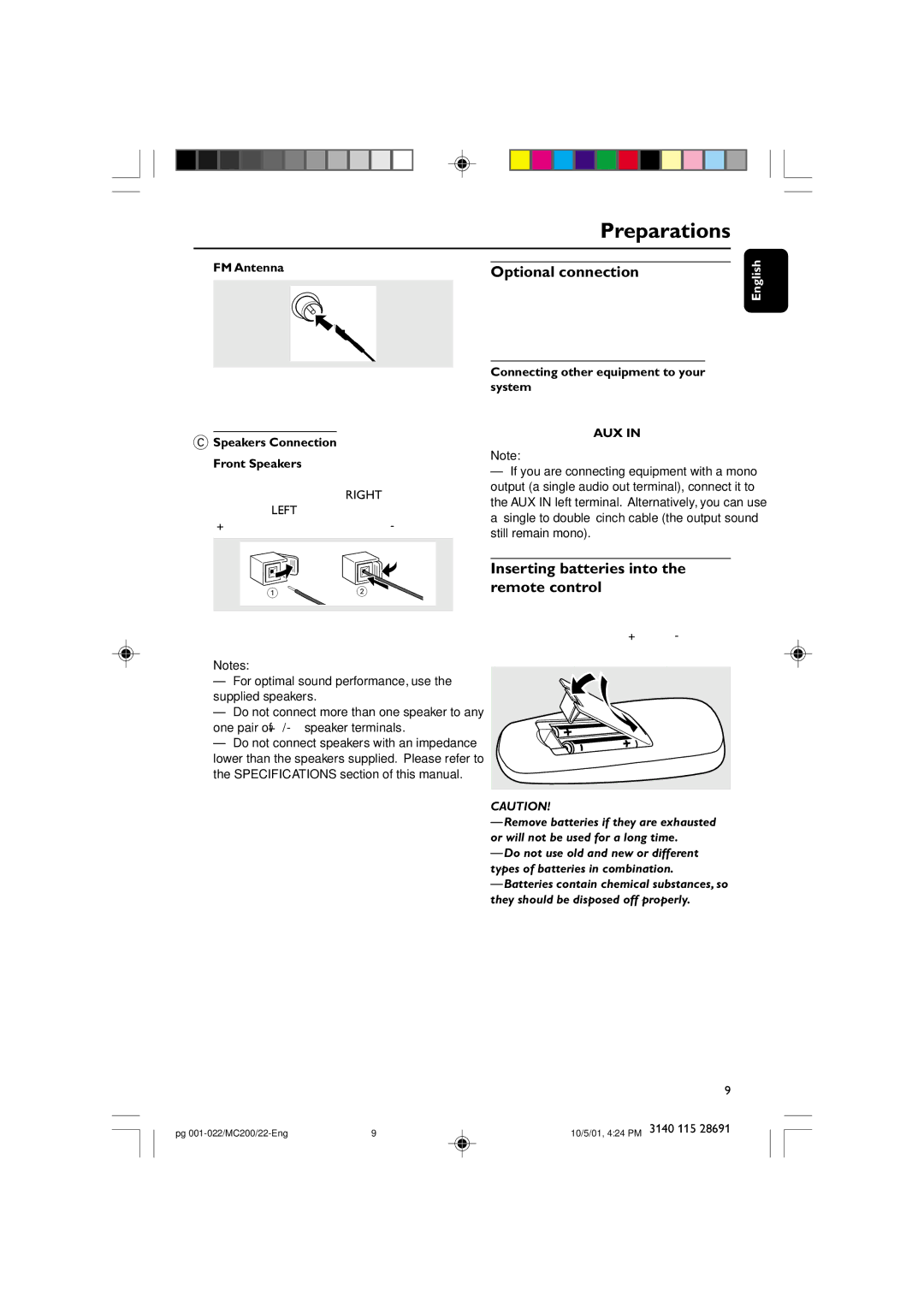 Philips MC-200 manual Optional connection, Inserting batteries into the remote control, FM Antenna 