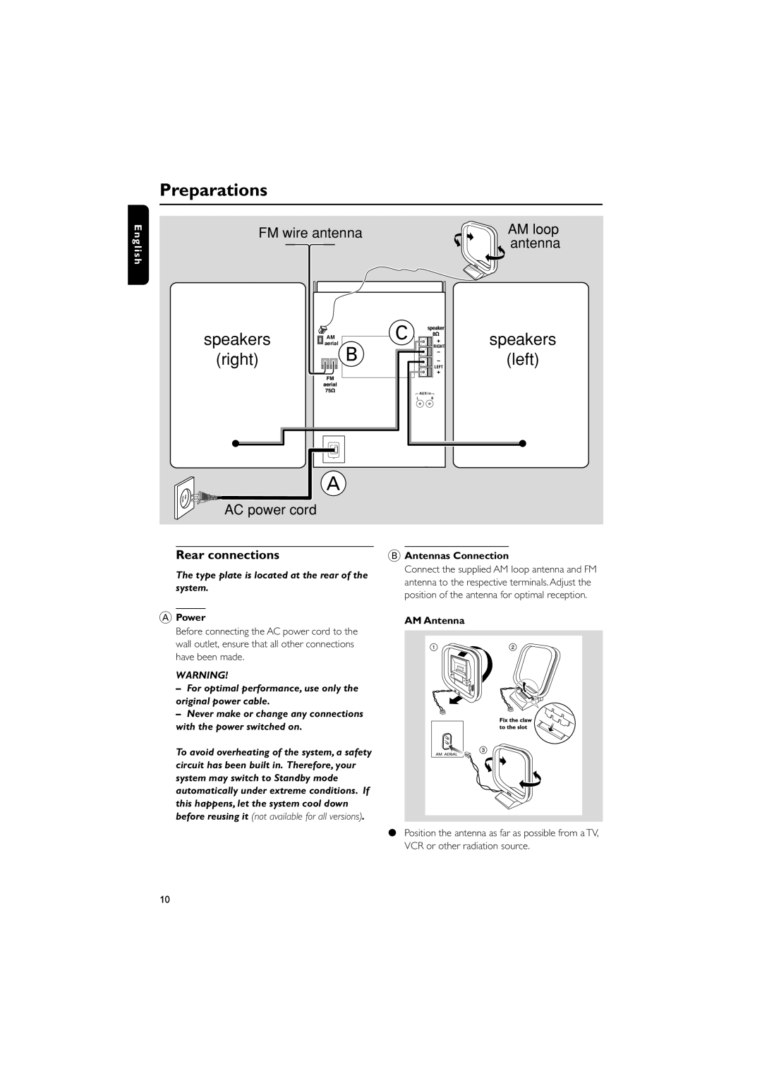 Philips MC-220 warranty Preparations, Rear connections, Antennas Connection, Power, AM Antenna 