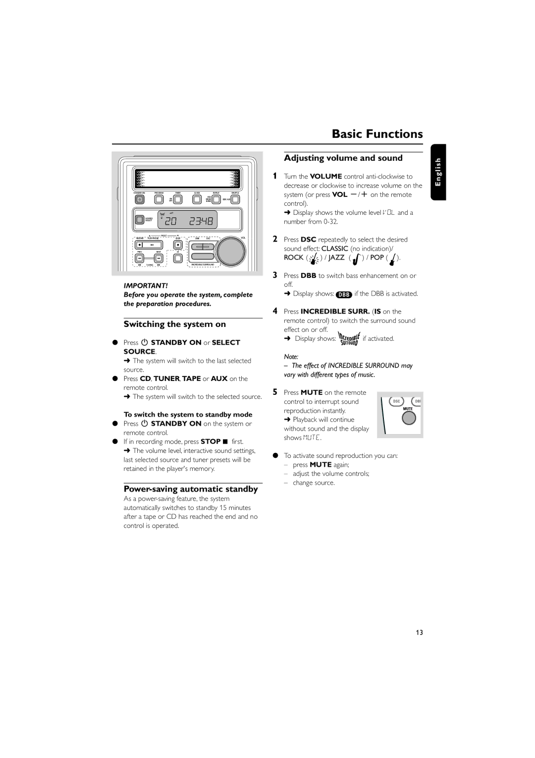 Philips MC-220 Basic Functions, Switching the system on, Adjusting volume and sound, Power-saving automatic standby 