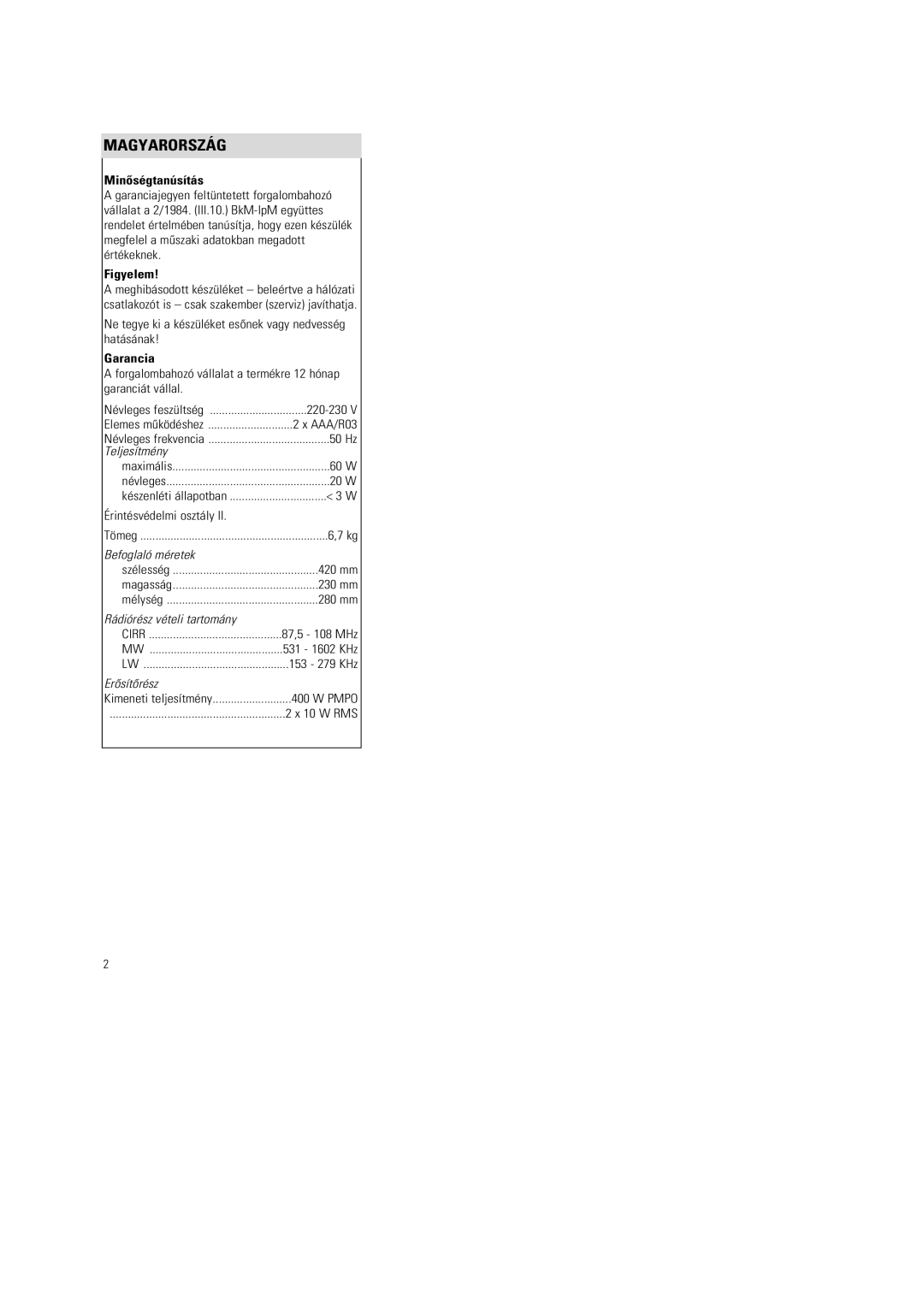 Philips MC-222 manual Magyarország 