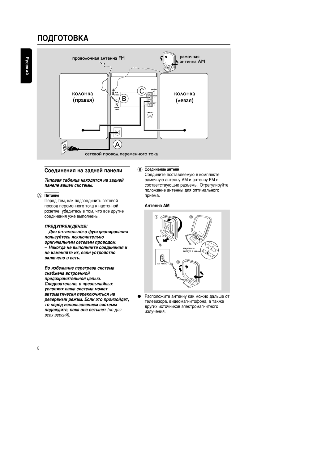 Philips MC-222 manual ÈéÑÉéíéÇäÄ, ËÓÂ‰ËÌÂÌËﬂ Ì‡ Á‡‰ÌÂÈ Ô‡ÌÂÎË, ÄÌÚÂÌÌ‡ Äå, Èëú‡Ìëâ, Ëóâ‰Ëìâìëâ ‡Ìúâìì 