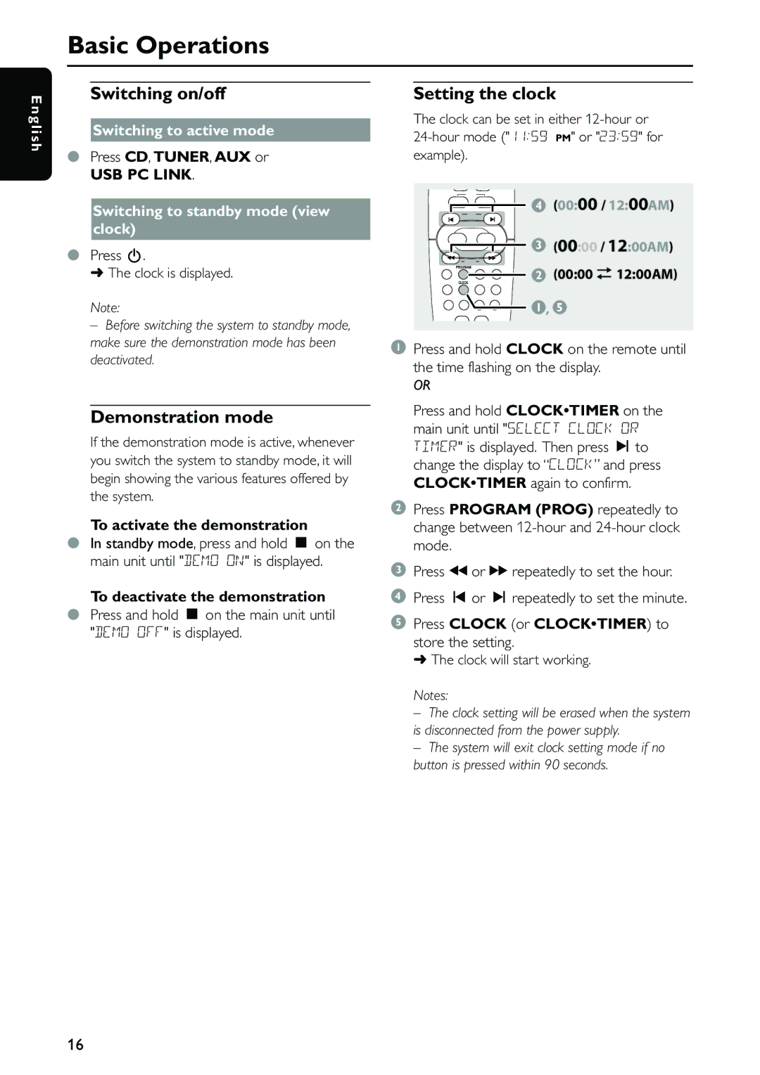 Philips MC-500 warranty Basic Operations, Switching on/off, Demonstration mode, Setting the clock 