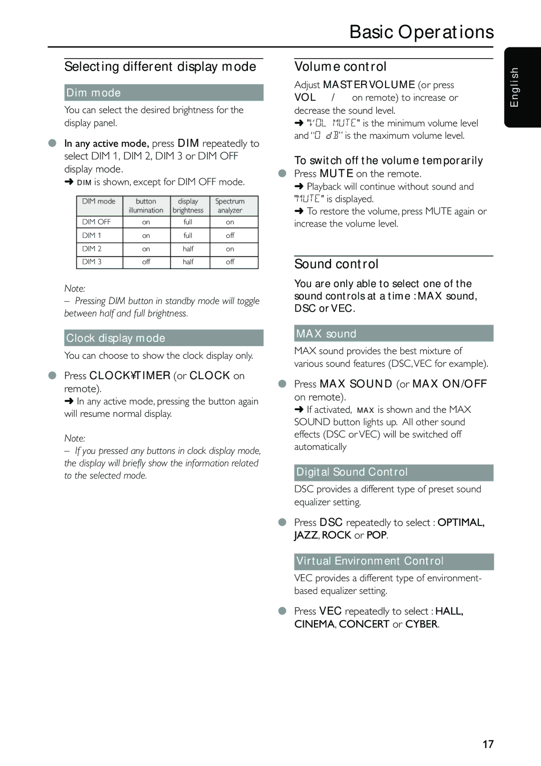 Philips MC-500 warranty Selecting different display mode Volume control, Sound control 