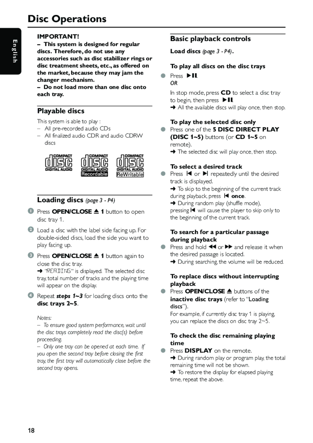 Philips MC-500 warranty Disc Operations, Playable discs, Loading discs page 3 P4, Basic playback controls 