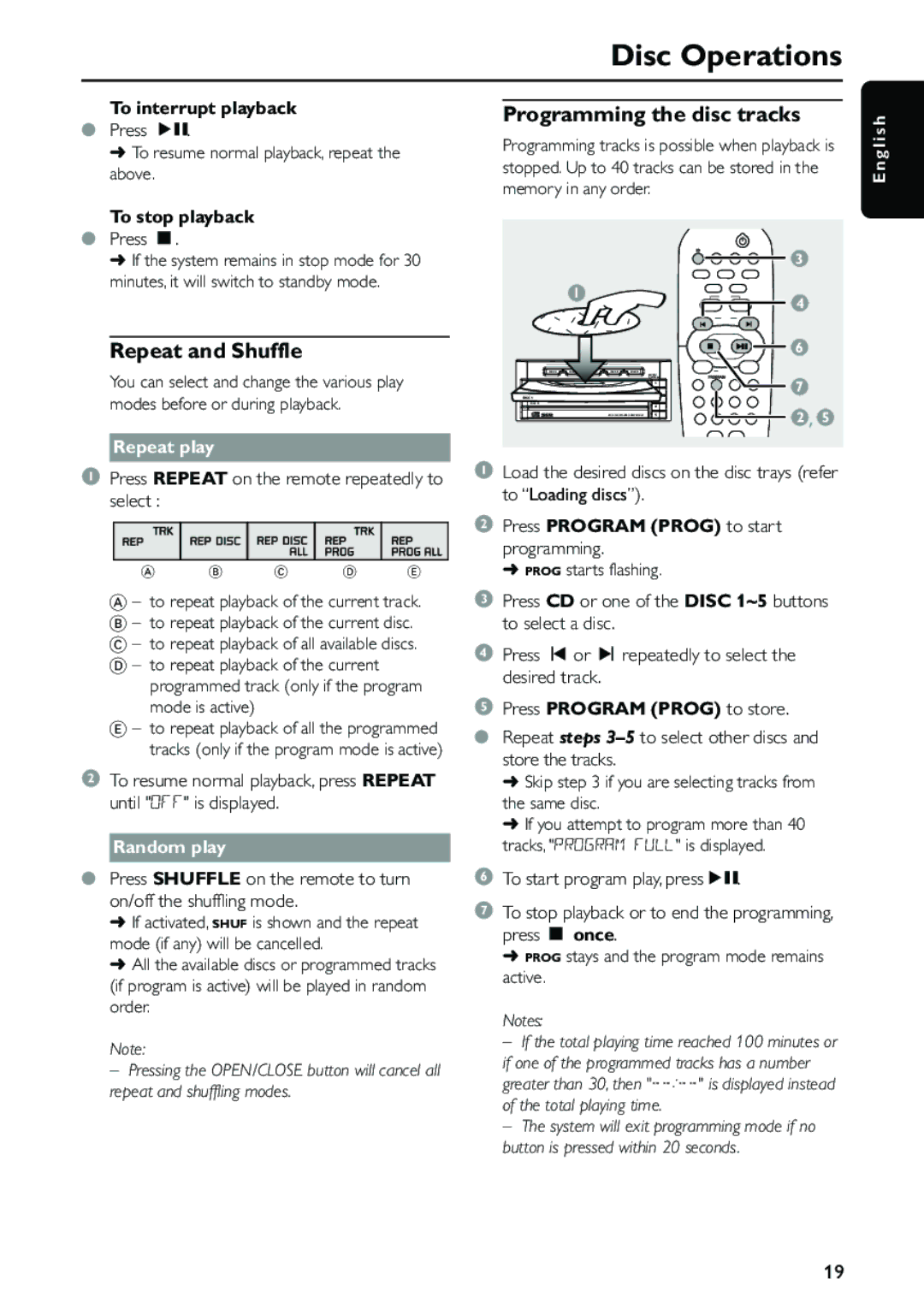 Philips MC-500 warranty Repeat and Shuffle, Programming the disc tracks, Repeat play, Random play 