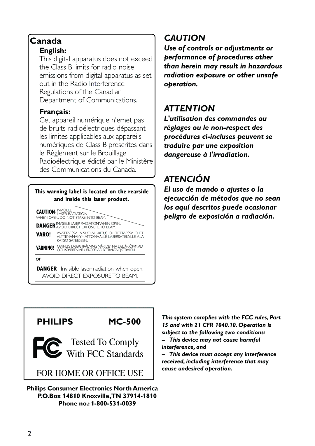 Philips MC-500 warranty English, Français, Inside this laser product, Box 14810 Knoxville,TN Phone no 