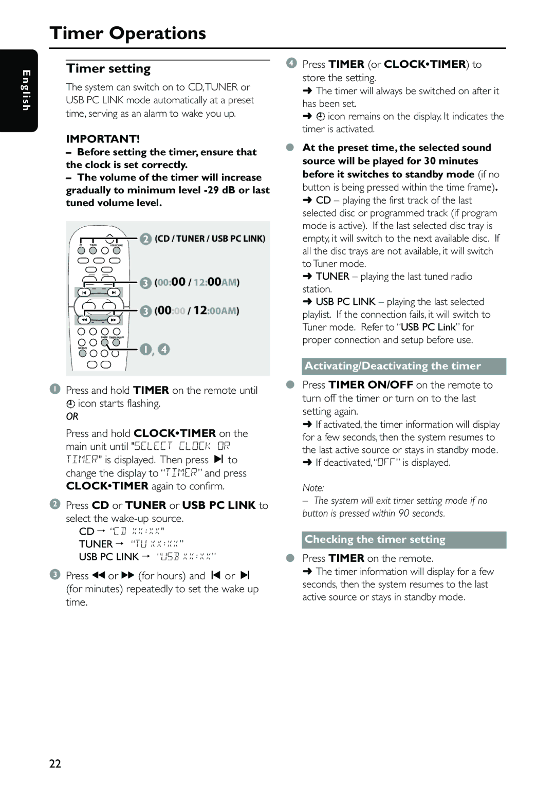 Philips MC-500 Timer Operations, Timer setting, Press Timer or Clocktimer to store the setting, Checking the timer setting 