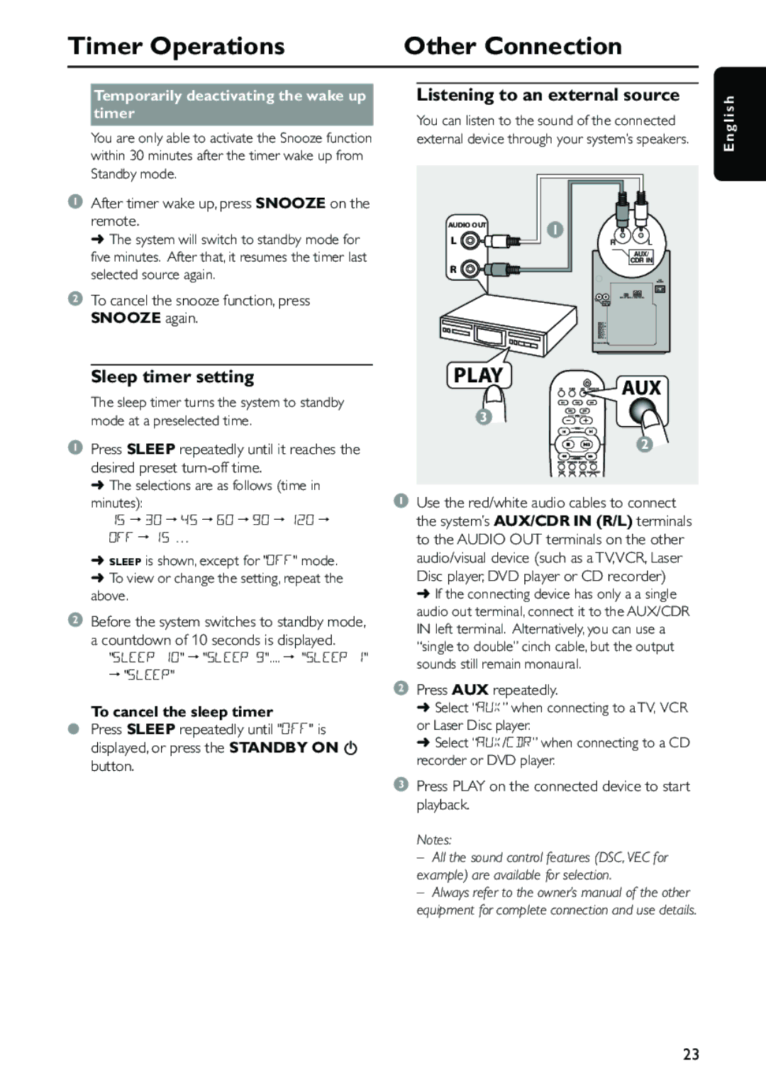 Philips MC-500 warranty Timer Operations Other Connection, Sleep timer setting, Listening to an external source 