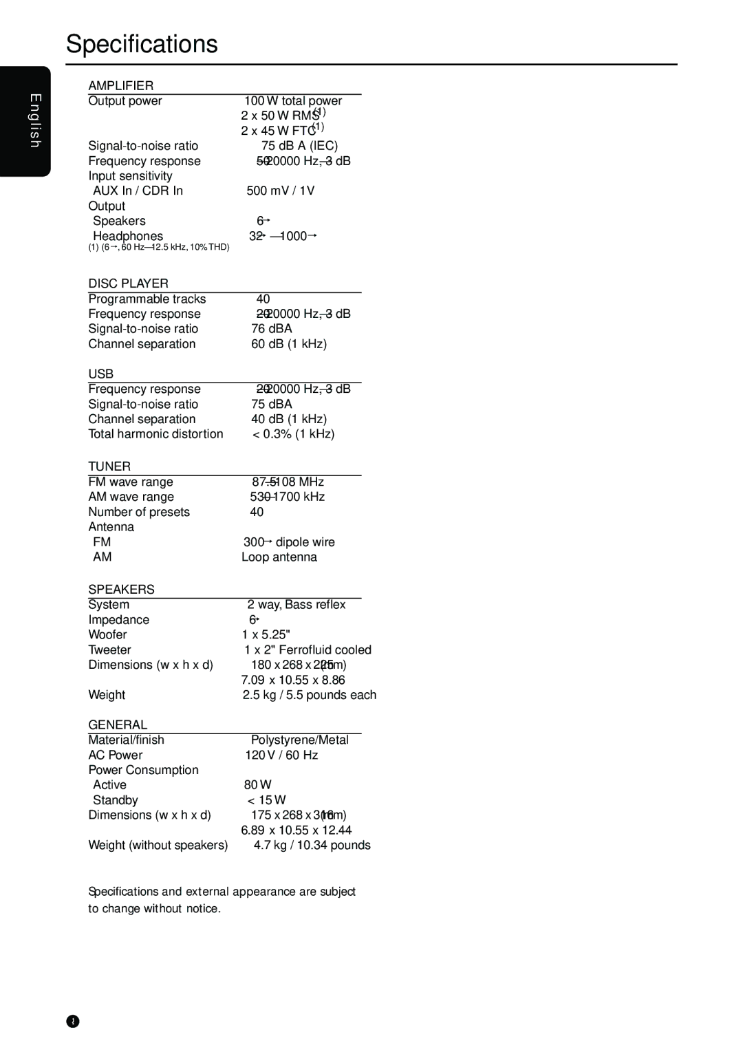 Philips MC-500 warranty Specifications, Amplifier 