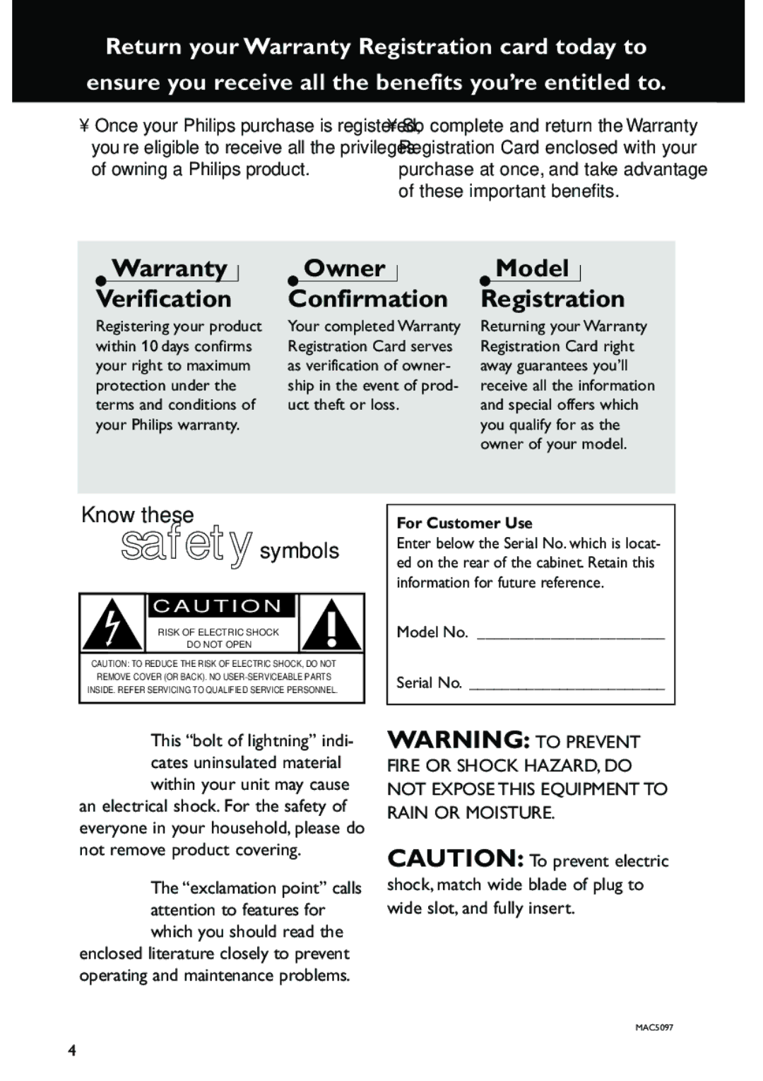 Philips MC-500 warranty Owner Confirmation, Model Registration 