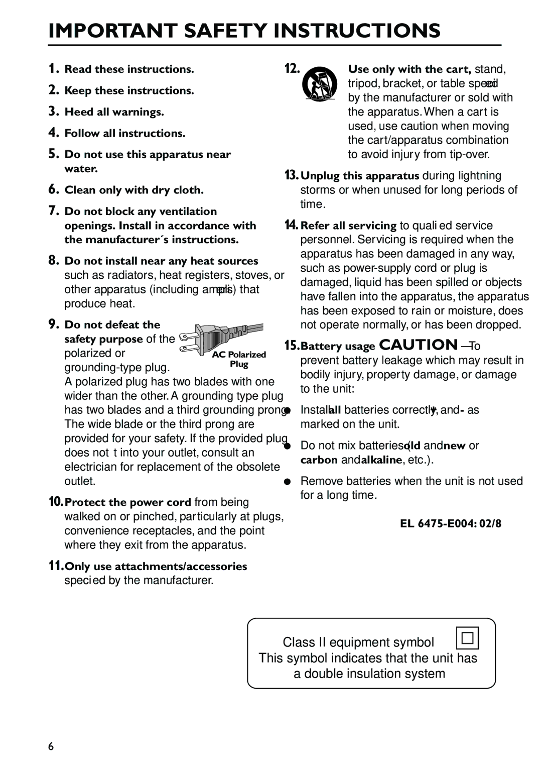 Philips MC-500 warranty Important Safety Instructions, Class II equipment symbol 