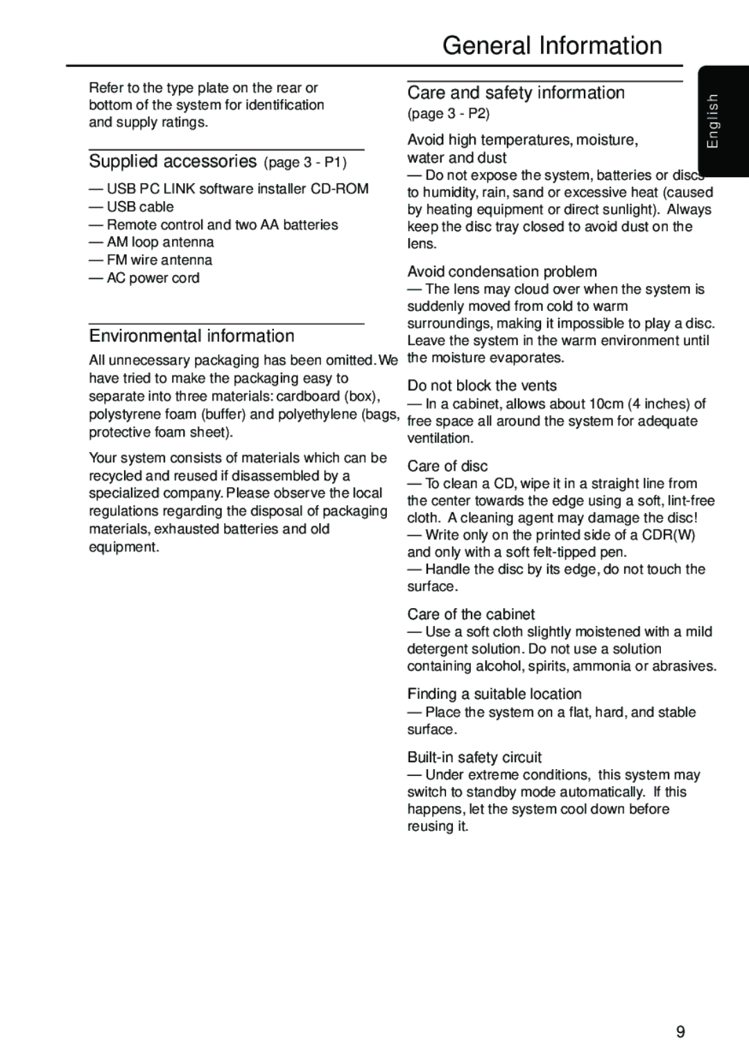 Philips MC-500 warranty Care and safety information, Supplied accessories page 3 P1, Environmental information, I s h 