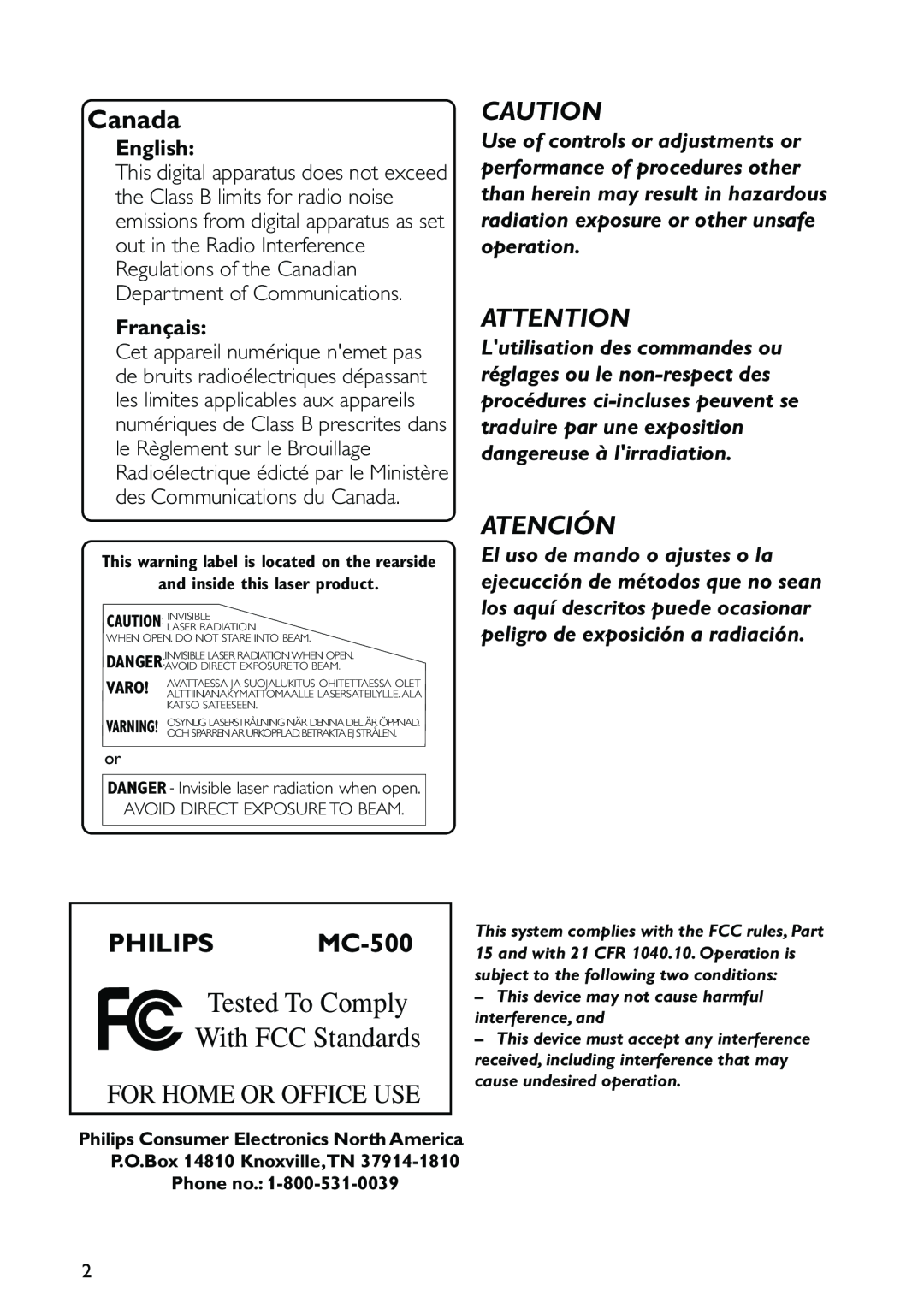 Philips warranty Canada, PHILIPS MC-500, Atención, English, Français, Tested To Comply With FCC Standards 
