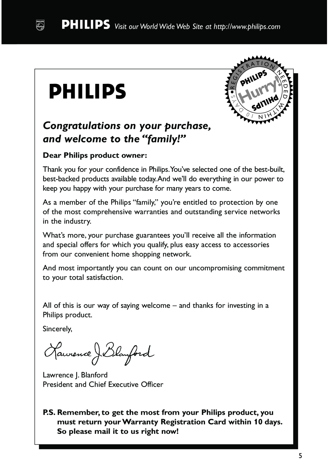 Philips MC-500 warranty Dear Philips product owner, Hurry 