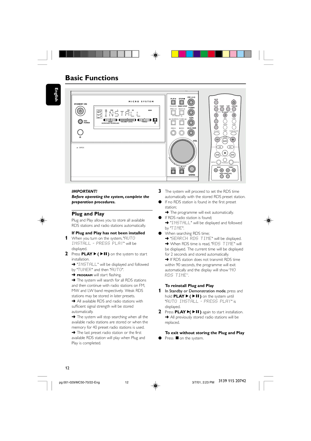 Philips MC-70 manual Basic Functions, Preparation procedures, To reinstall Plug and Play 