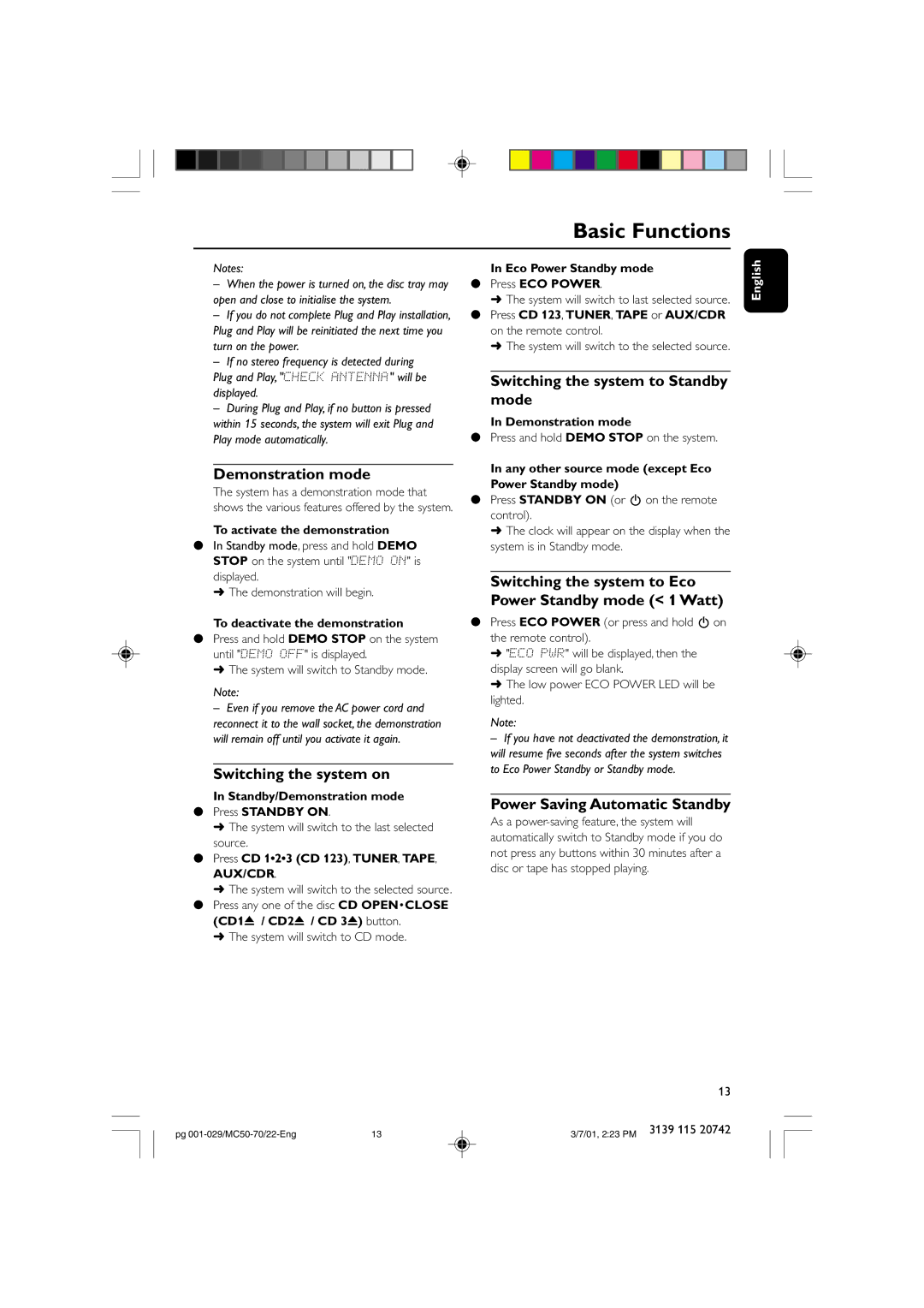 Philips MC-70 manual Demonstration mode, Switching the system on, Switching the system to Standby mode 