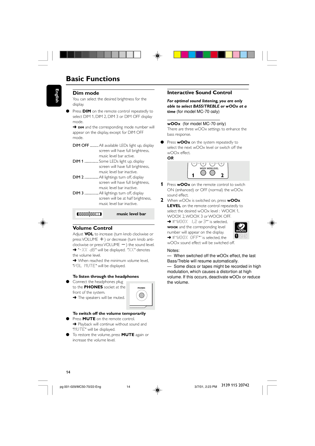 Philips MC-70 manual Dim mode, Volume Control, Interactive Sound Control 