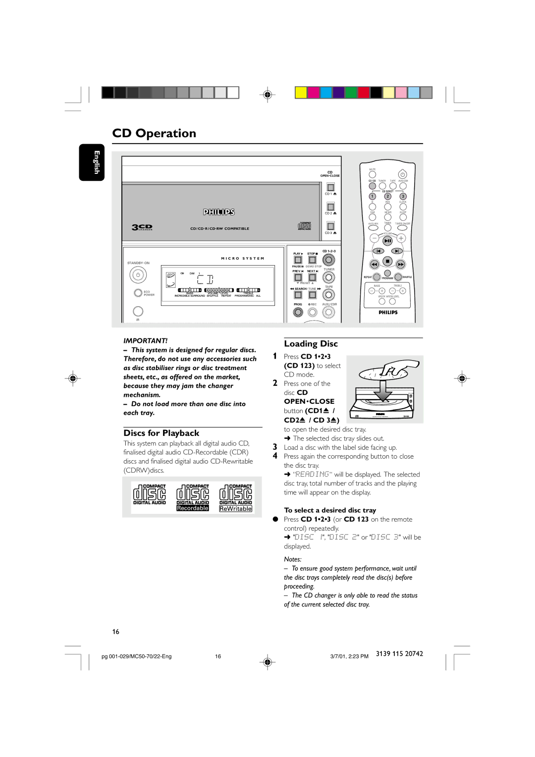 Philips MC-70 manual CD Operation, Discs for Playback 